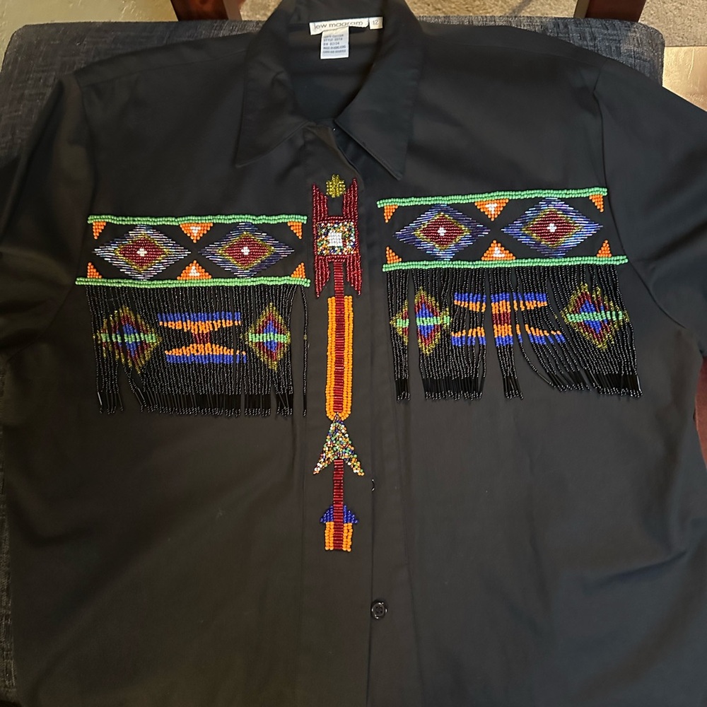 Women’s, original Lew Magram New York, black cotton shirt with beading size 12.